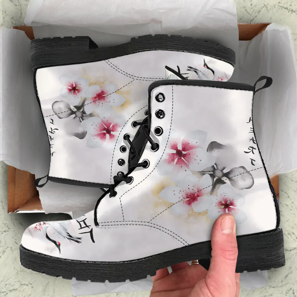 Japanese Cherry Blossom Women's Vegan Leather Combat Boots