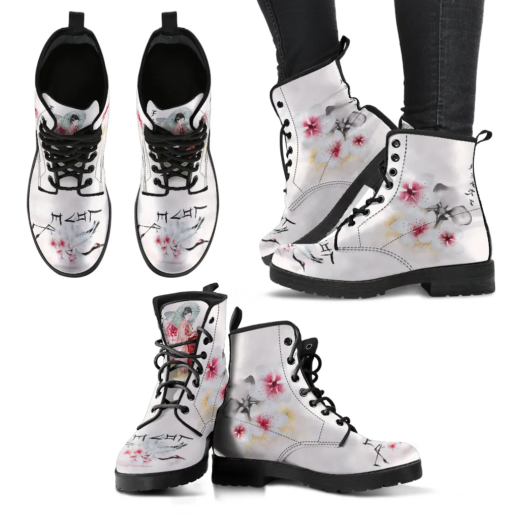 Japanese Cherry Blossom Women's Vegan Leather Combat Boots