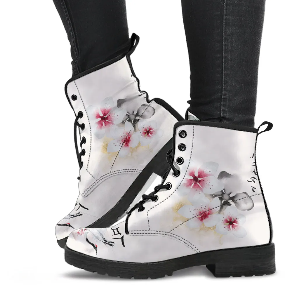 Japanese Cherry Blossom Women's Vegan Leather Combat Boots