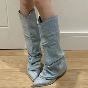 Slouchy Denim Knee Boots