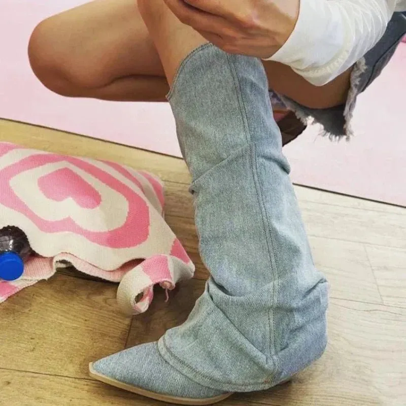 Slouchy Denim Knee Boots